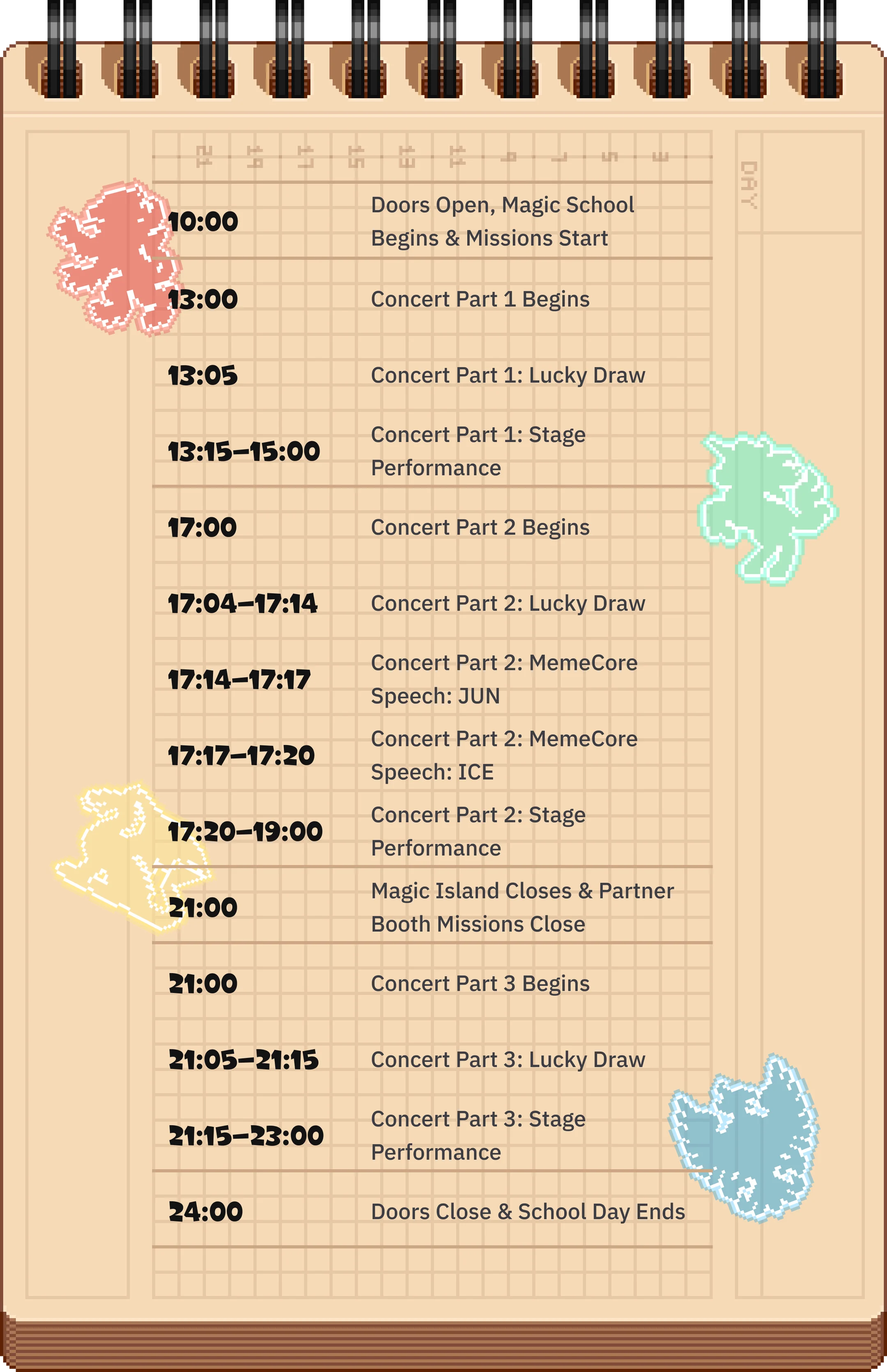 Event schedule: doors open 10:00 with Magic School and missions, Concert Part 1 from 13:00, Part 2 from 17:00, Part 3 from 21:00, doors close 24:00.